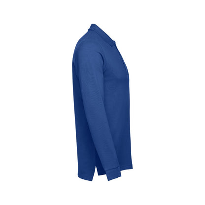 THC BERN 3XL promotional polo shirt in royal blue (detail view) with custom logo branding
