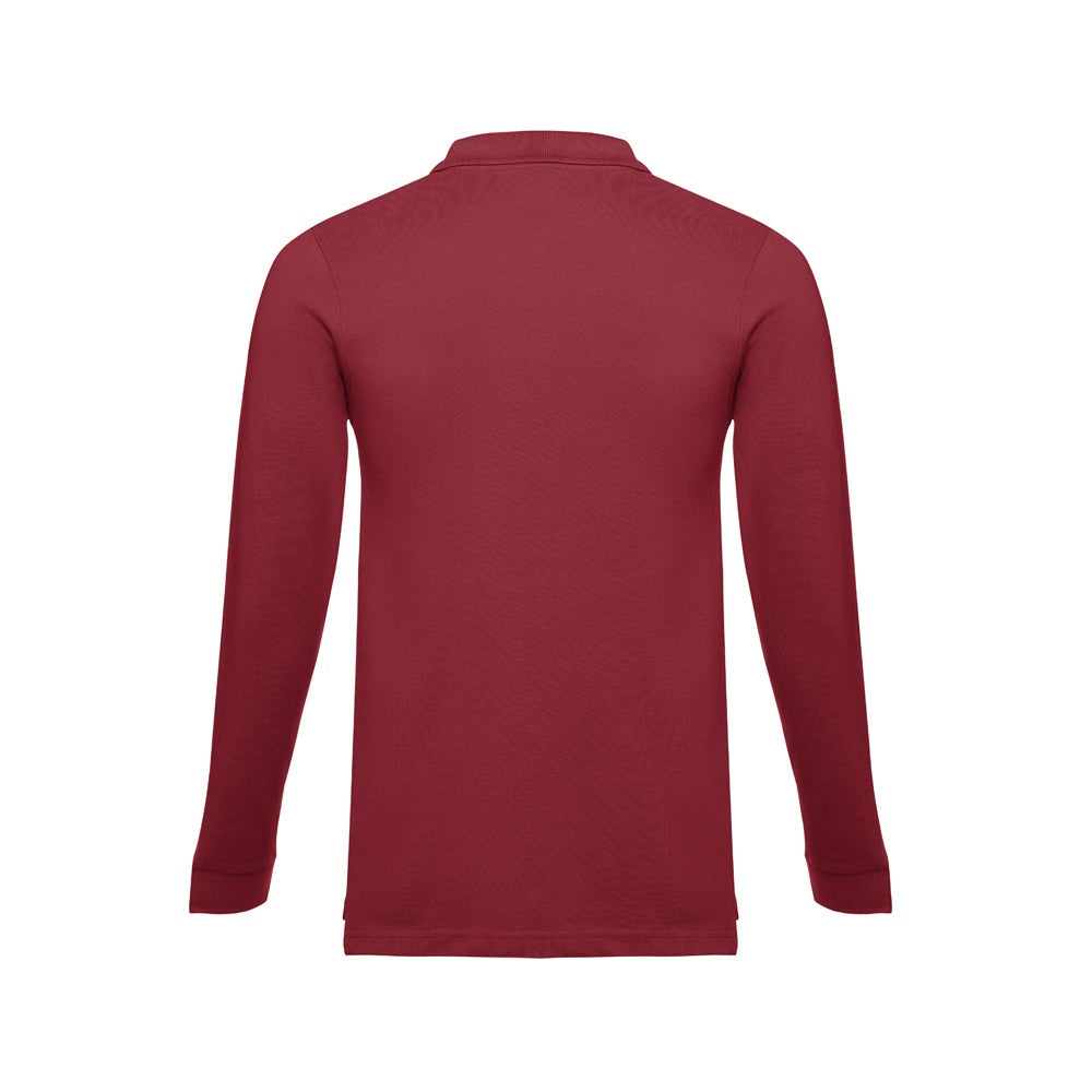 THC BERN 3XL promotional polo shirt in burgundy (detail view) with custom logo branding