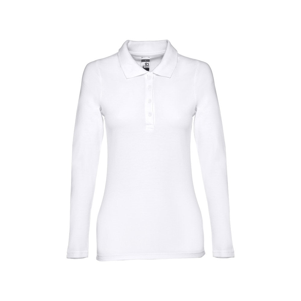 THC BERN WOMEN WH promotional polo shirt in white (detail view) with custom logo branding