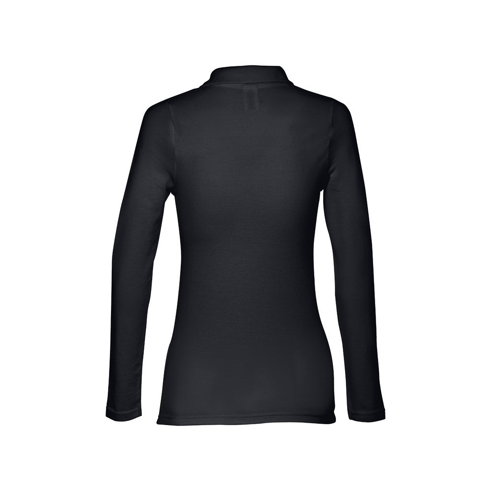 THC BERN WOMEN promotional polo shirt in black (detail view) with custom logo branding