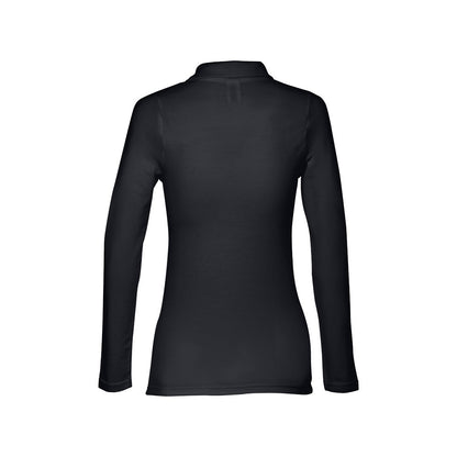 THC BERN WOMEN promotional polo shirt in black (detail view) with custom logo branding