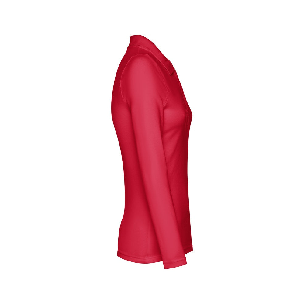 THC BERN WOMEN promotional polo shirt in red (detail view) with custom logo branding