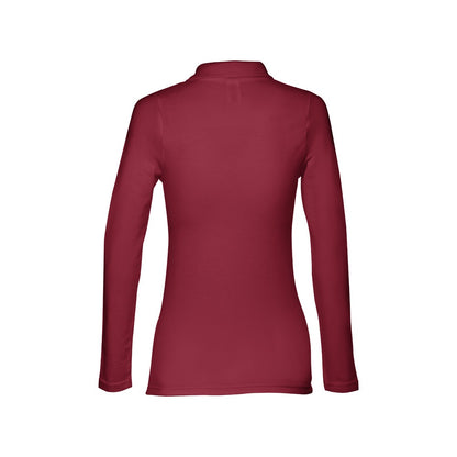THC BERN WOMEN promotional polo shirt in burgundy (detail view) with custom logo branding