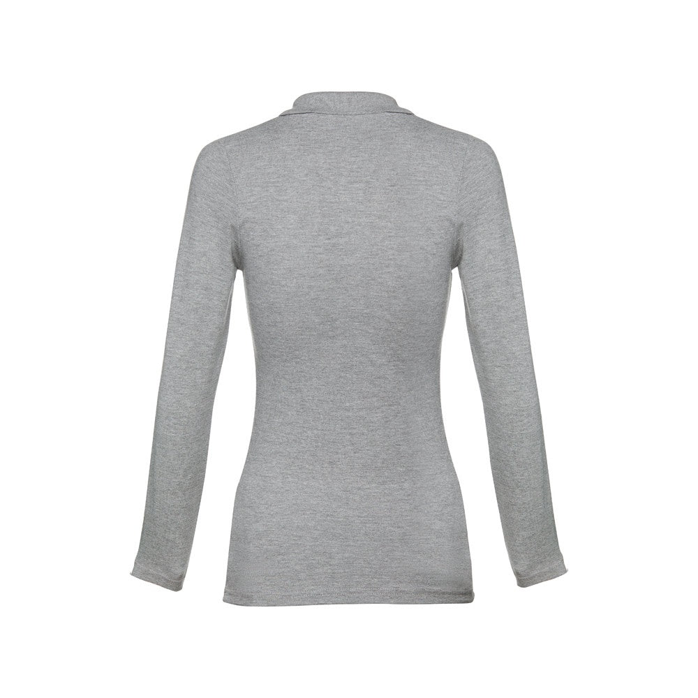 THC BERN WOMEN promotional polo shirt in heather light grey (detail view) with custom logo branding