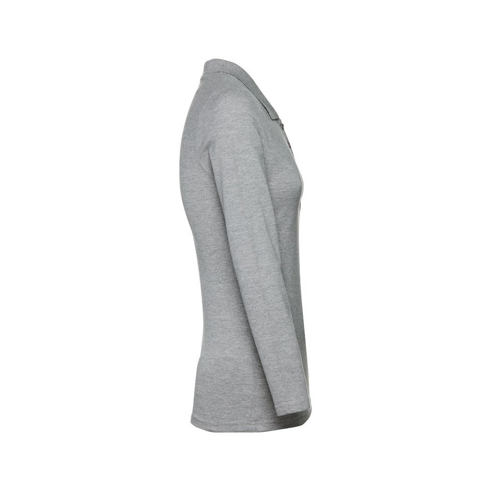 THC BERN WOMEN promotional polo shirt in heather light grey (detail view) with custom logo branding
