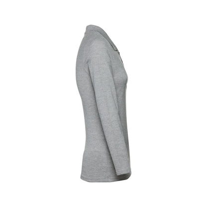 THC BERN WOMEN promotional polo shirt in heather light grey (detail view) with custom logo branding