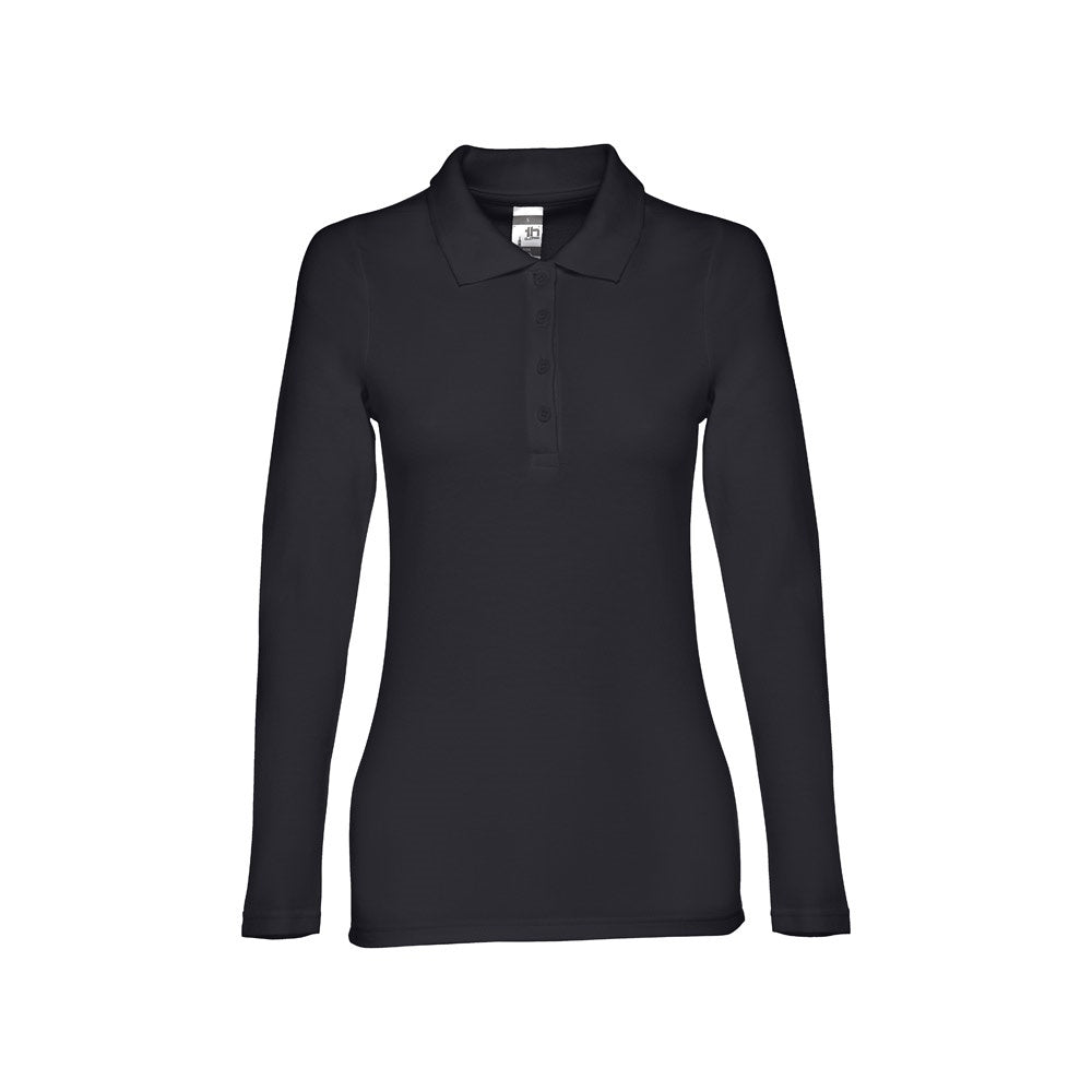 THC BERN WOMEN promotional polo shirt in eclipse blue (detail view) with custom logo branding