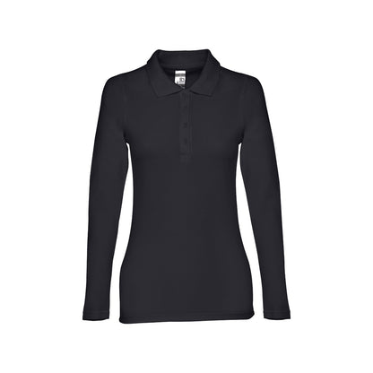 THC BERN WOMEN promotional polo shirt in eclipse blue (detail view) with custom logo branding