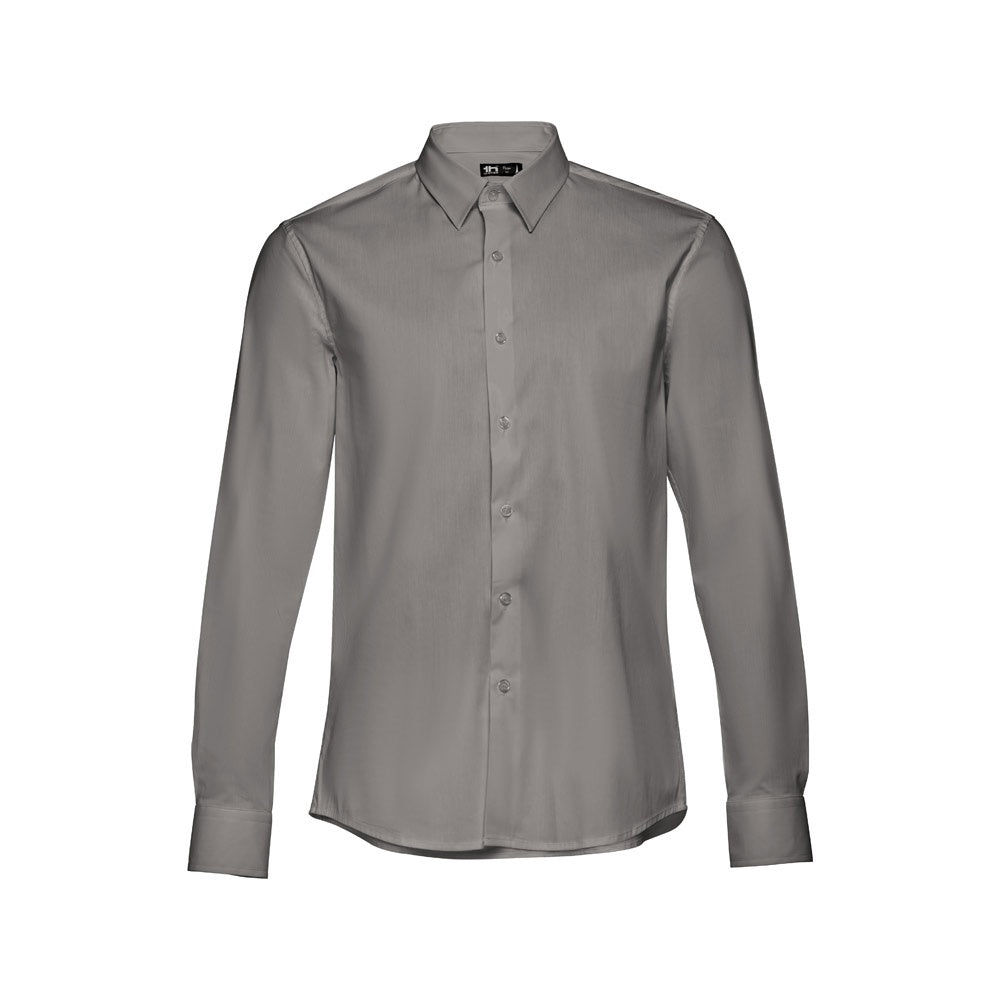 THC PARIS promotional corporate shirt in grey (detail view) with custom logo branding