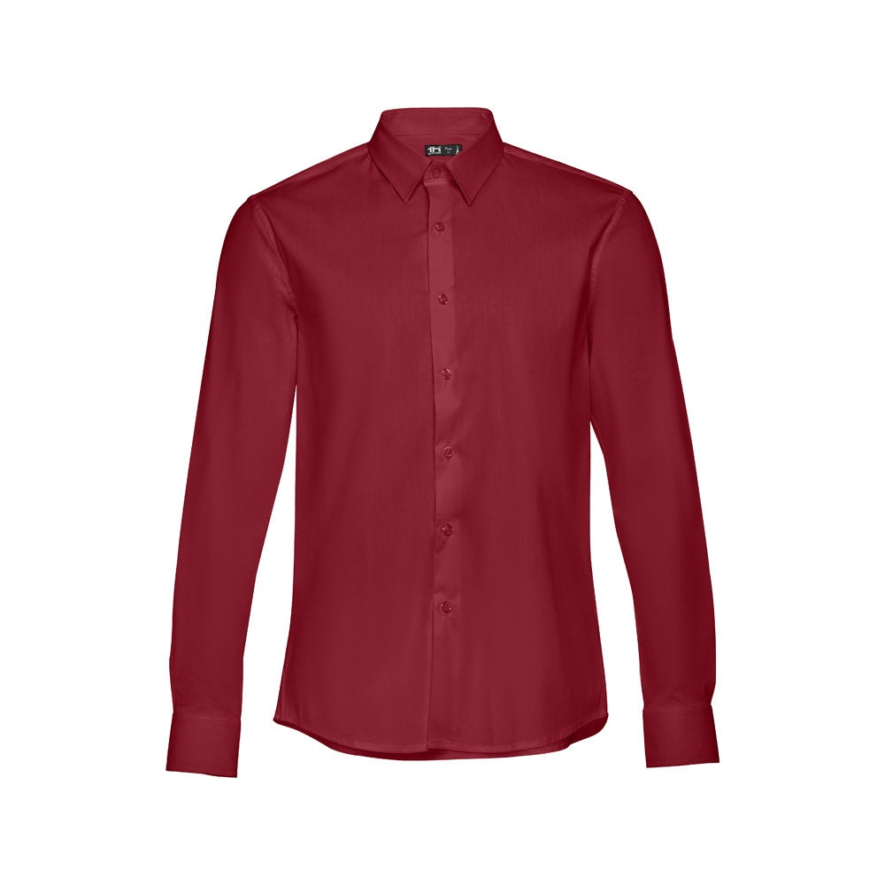 THC PARIS promotional corporate shirt in burgundy (detail view) with custom logo branding
