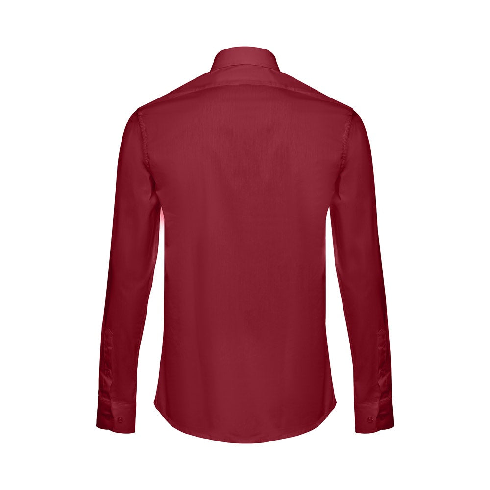 THC PARIS promotional corporate shirt in burgundy (detail view) with custom logo branding