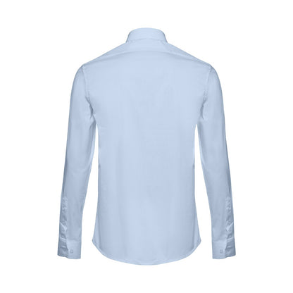 THC PARIS promotional corporate shirt in light blue (detail view) with custom logo branding