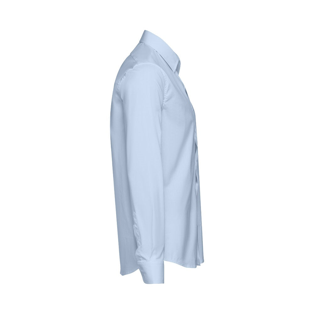 THC PARIS promotional corporate shirt in light blue (detail view) with custom logo branding