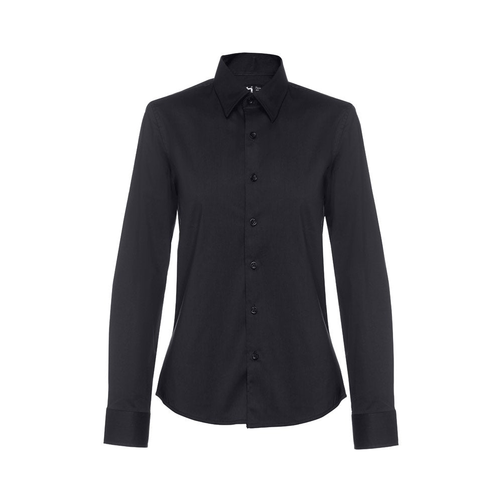THC PARIS WOMEN promotional corporate shirt in black (detail view) with custom logo branding
