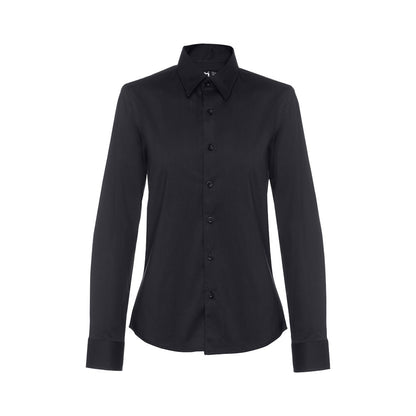 THC PARIS WOMEN promotional corporate shirt in black (detail view) with custom logo branding