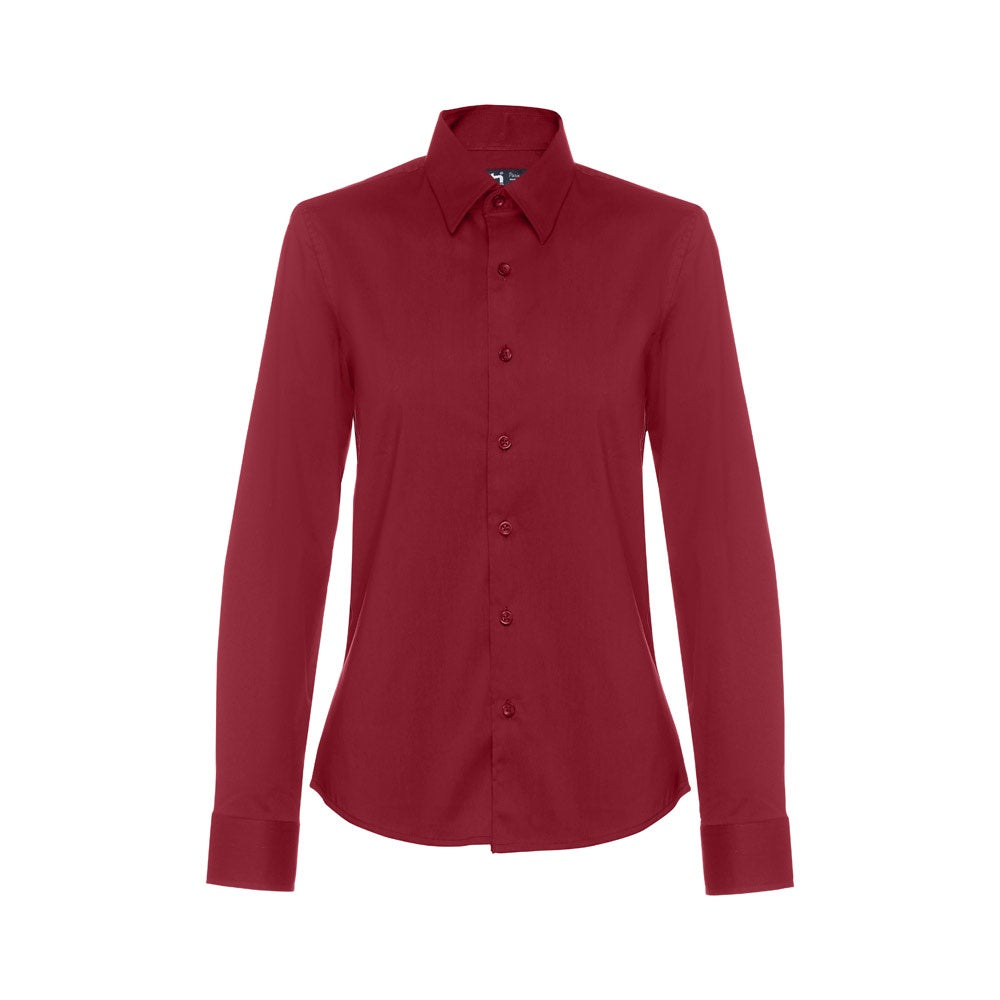 THC PARIS WOMEN promotional corporate shirt in burgundy (detail view) with custom logo branding