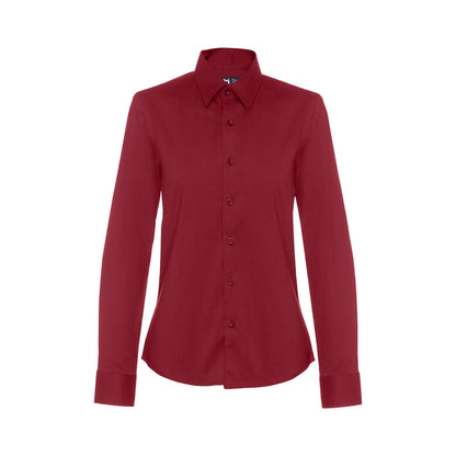 THC PARIS WOMEN promotional corporate shirt in burgundy (detail view) with custom logo branding