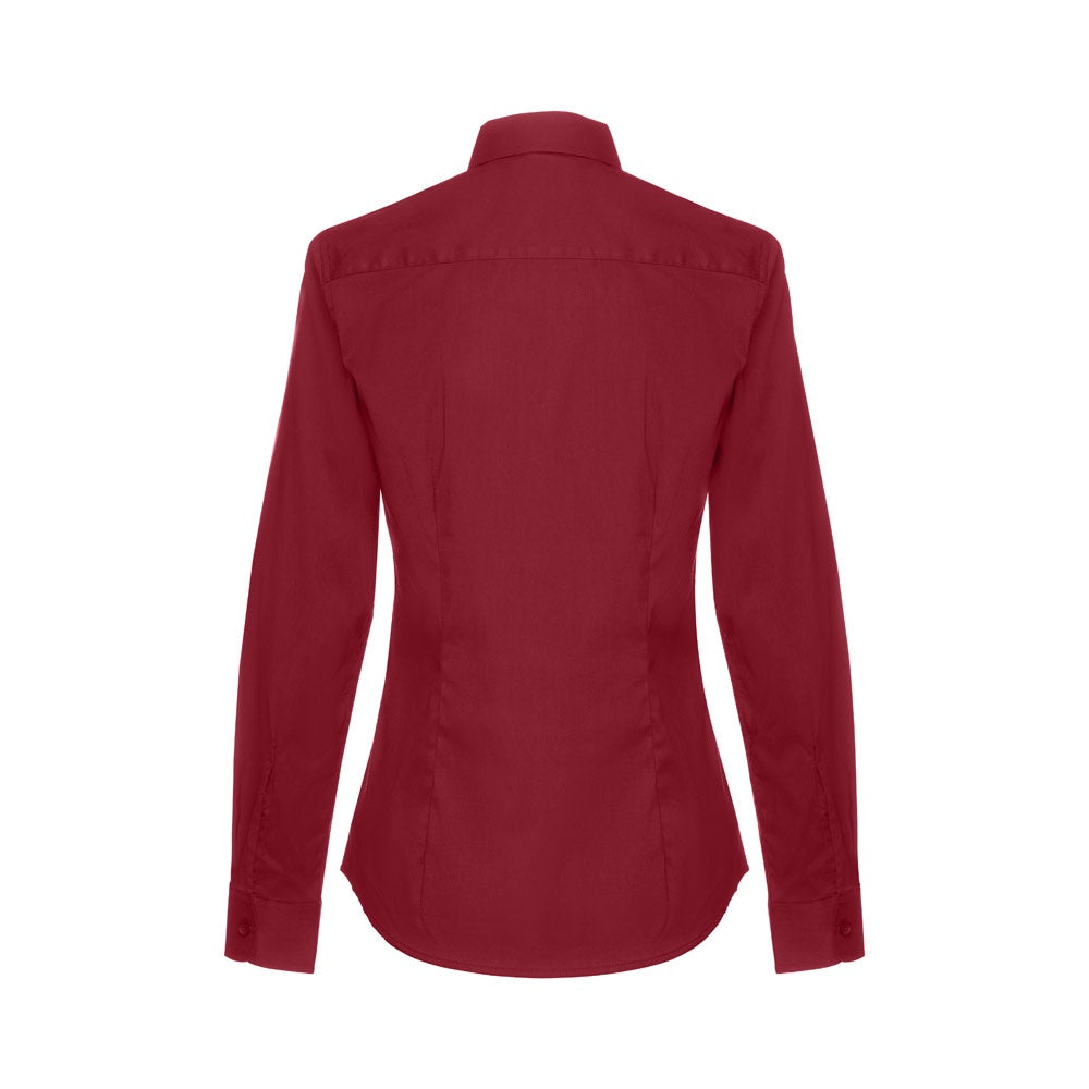 THC PARIS WOMEN promotional corporate shirt in burgundy (detail view) with custom logo branding