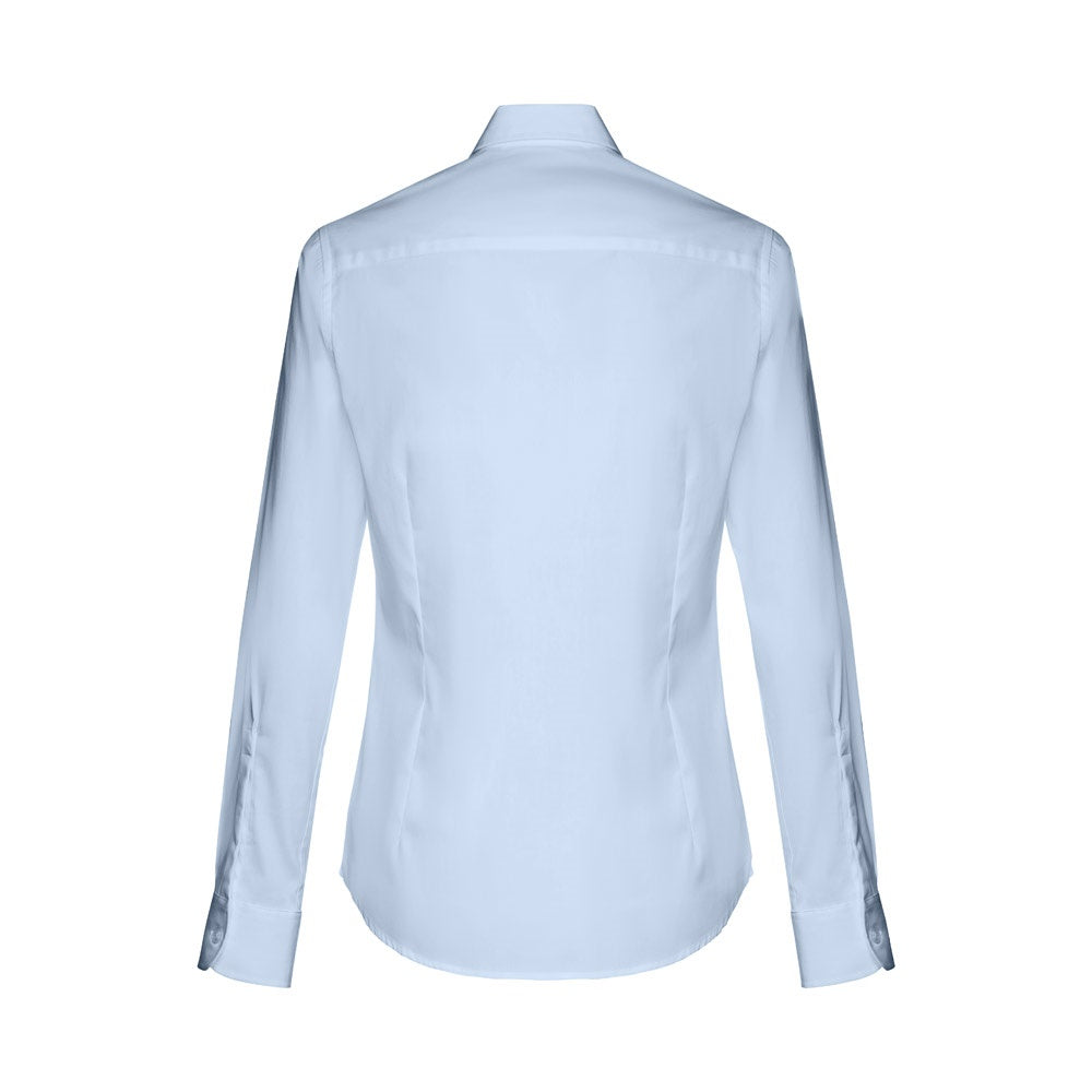 THC PARIS WOMEN promotional corporate shirt in light blue (detail view) with custom logo branding