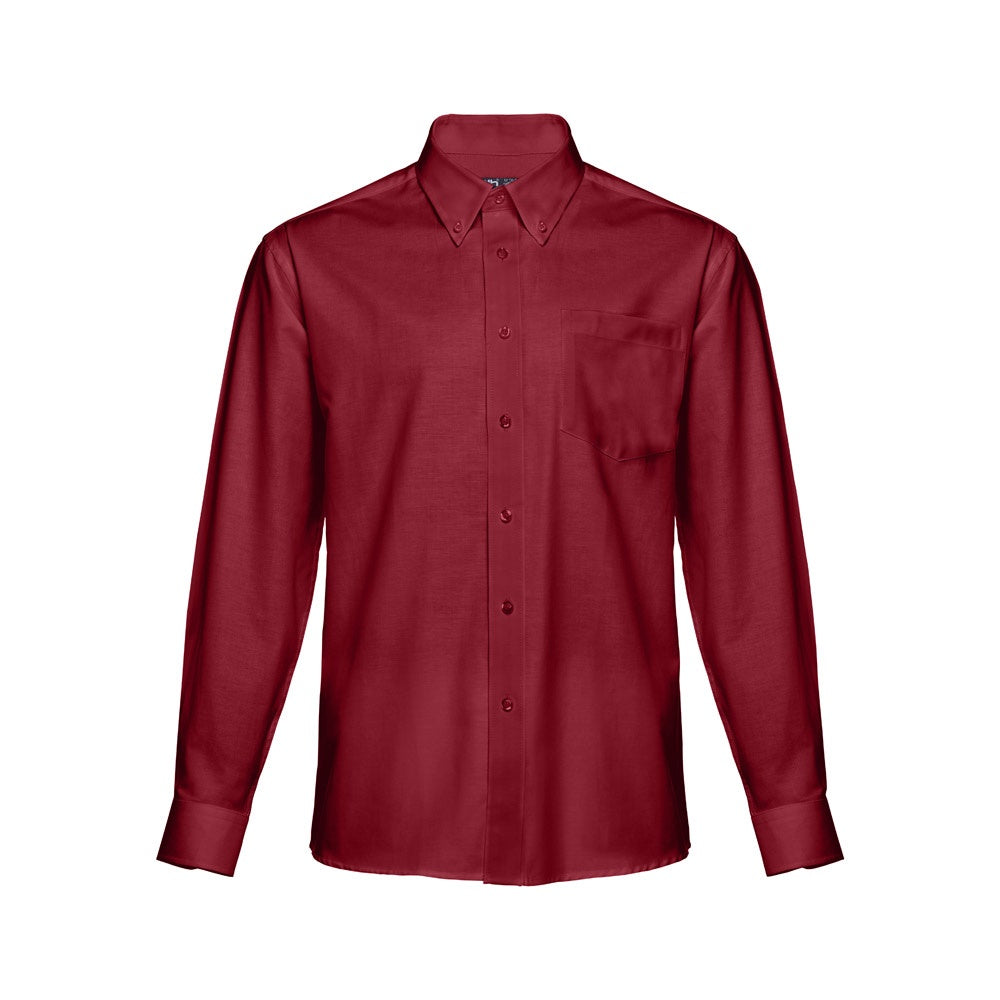 THC TOKYO promotional corporate shirt in burgundy (detail view) with custom logo branding