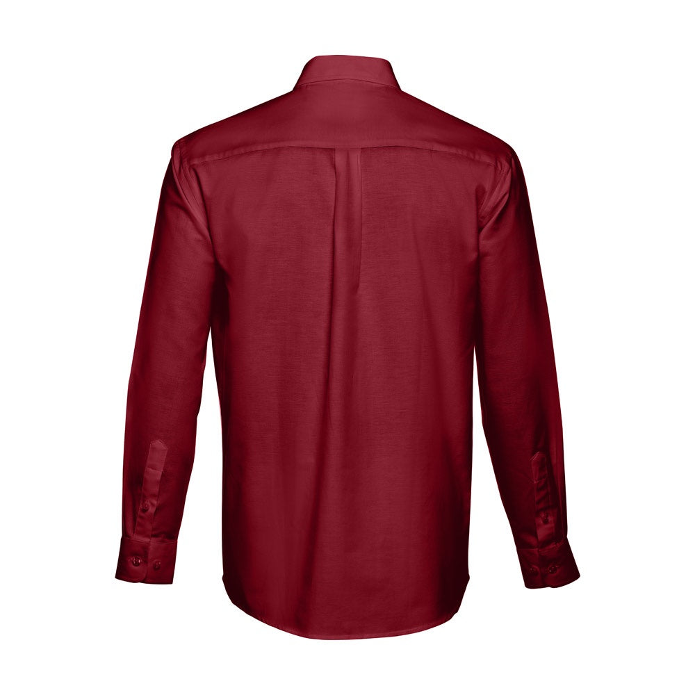 THC TOKYO promotional corporate shirt in burgundy (detail view) with custom logo branding