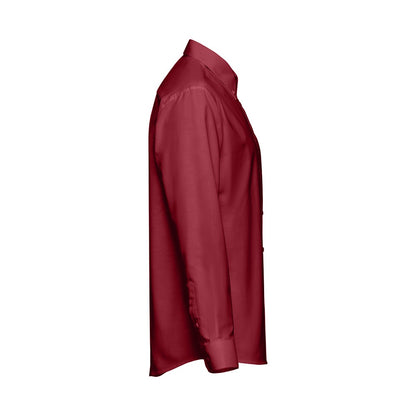 THC TOKYO promotional corporate shirt in burgundy (detail view) with custom logo branding
