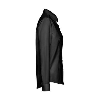 THC TOKYO WOMEN promotional corporate shirt in black (detail view) with custom logo branding
