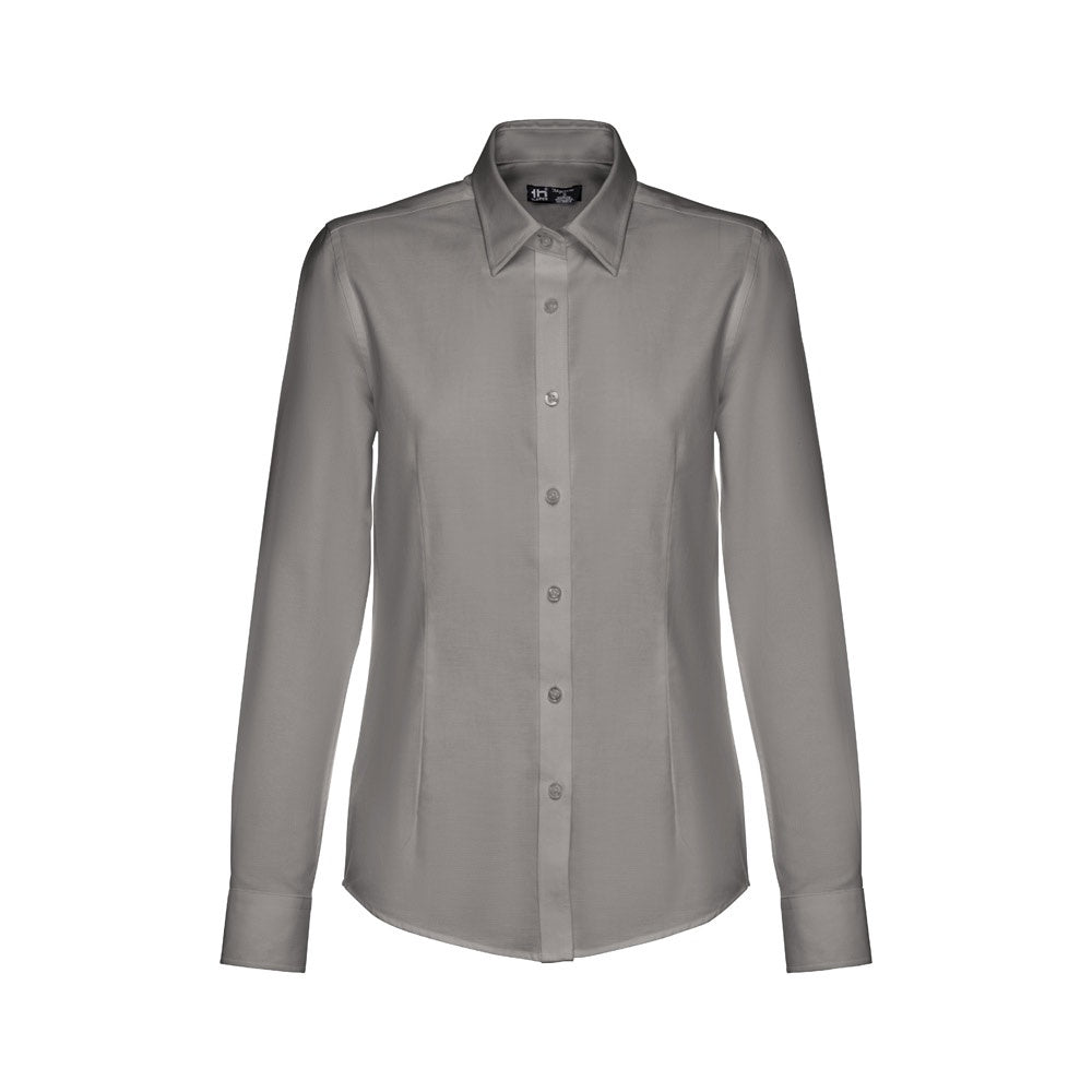 THC TOKYO WOMEN promotional corporate shirt in grey (detail view) with custom logo branding