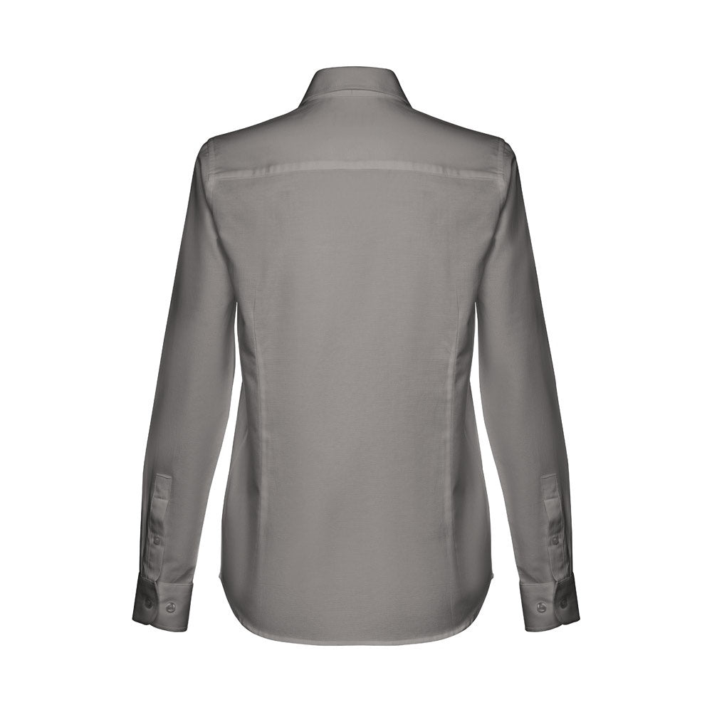THC TOKYO WOMEN promotional corporate shirt in grey (detail view) with custom logo branding