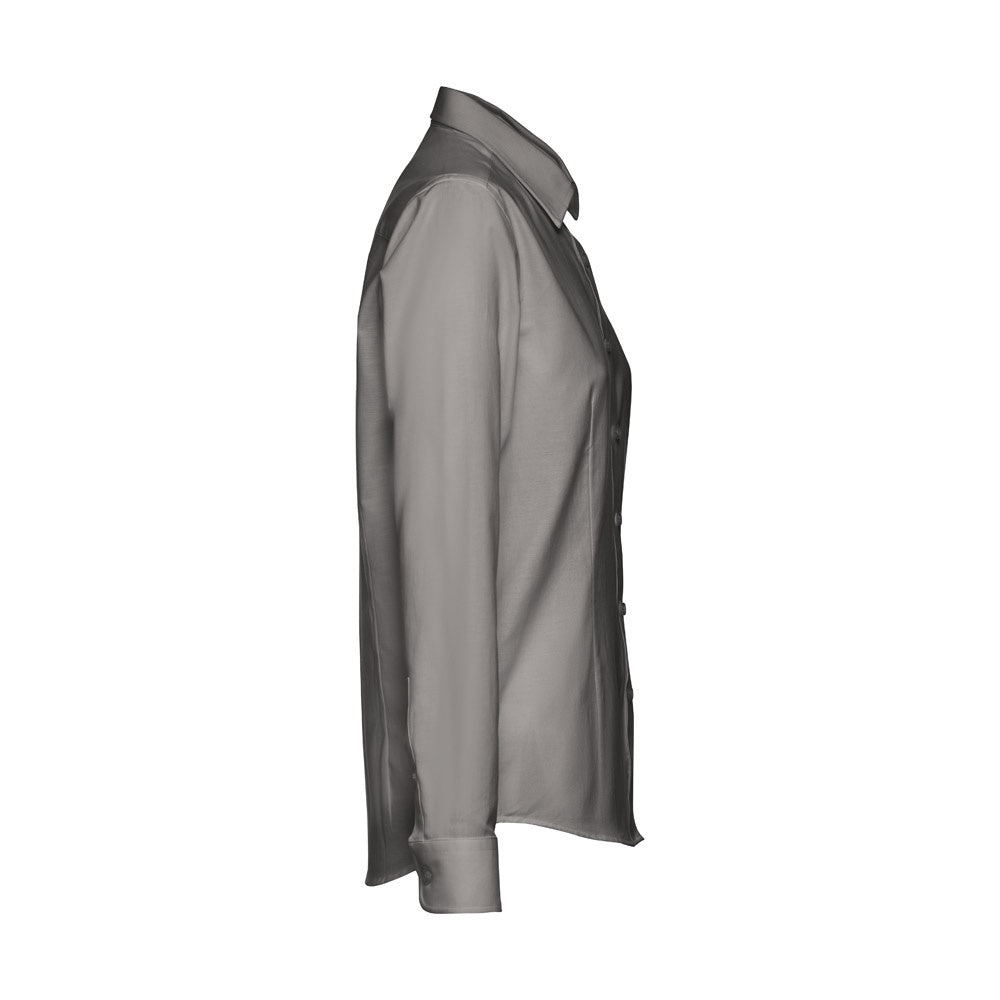 THC TOKYO WOMEN promotional corporate shirt in grey (detail view) with custom logo branding