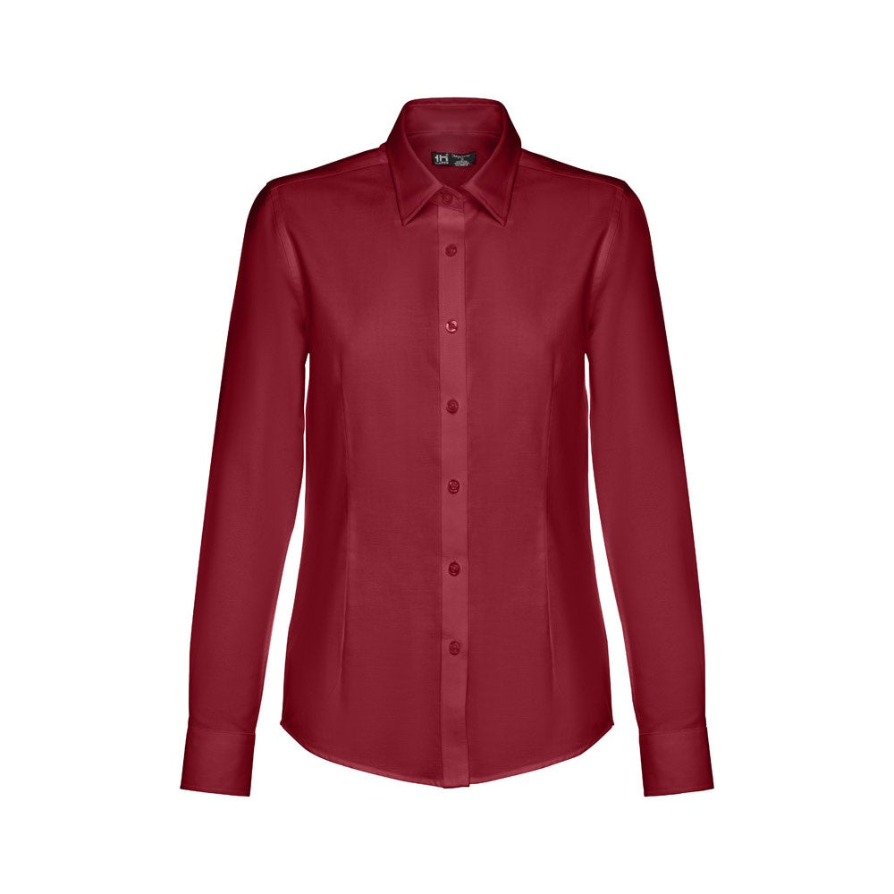 THC TOKYO WOMEN promotional corporate shirt in burgundy (detail view) with custom logo branding