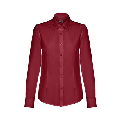 THC TOKYO WOMEN promotional corporate shirt in burgundy (detail view) with custom logo branding