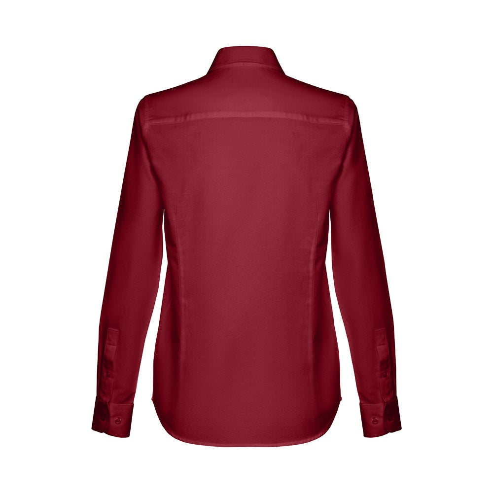 THC TOKYO WOMEN promotional corporate shirt in burgundy (detail view) with custom logo branding