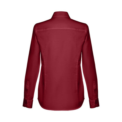 THC TOKYO WOMEN promotional corporate shirt in burgundy (detail view) with custom logo branding