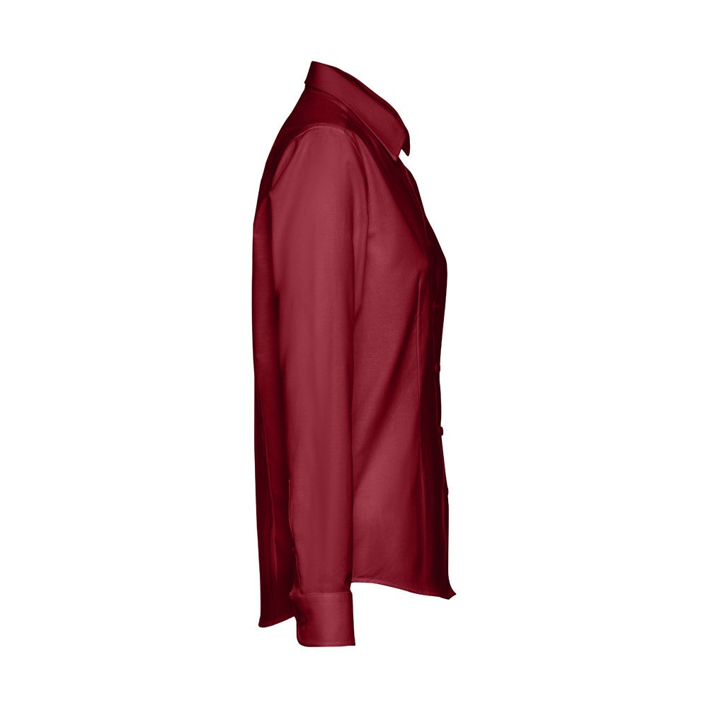 THC TOKYO WOMEN promotional corporate shirt in burgundy (detail view) with custom logo branding