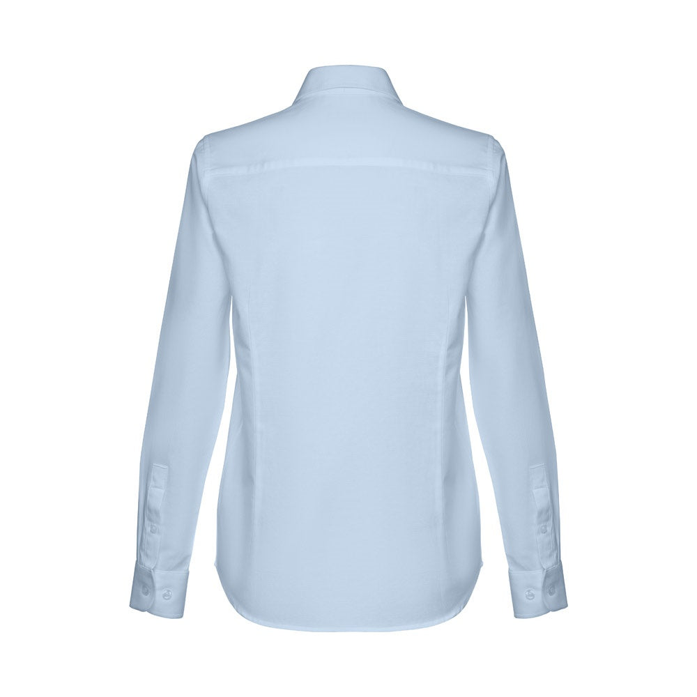 THC TOKYO WOMEN promotional corporate shirt in light blue (detail view) with custom logo branding
