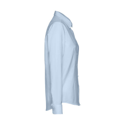 THC TOKYO WOMEN promotional corporate shirt in light blue (detail view) with custom logo branding