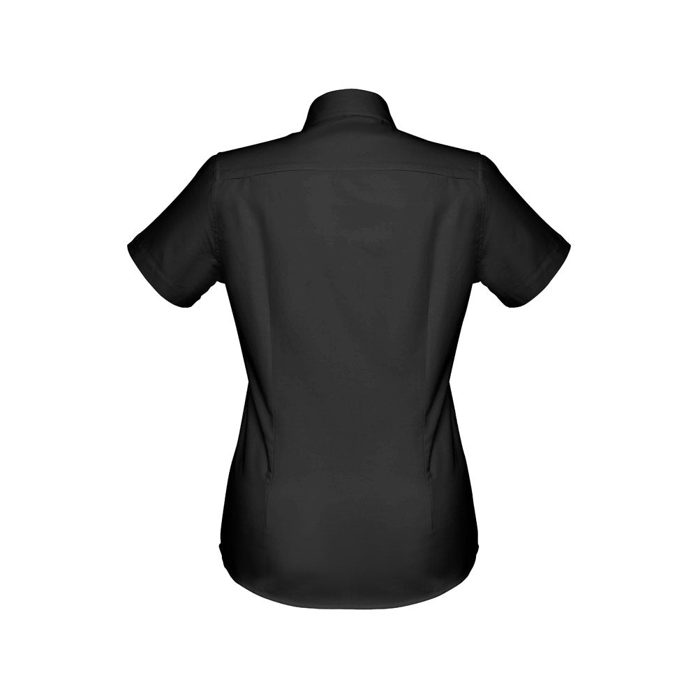THC LONDON WOMEN promotional corporate shirt in black (detail view) with custom logo branding