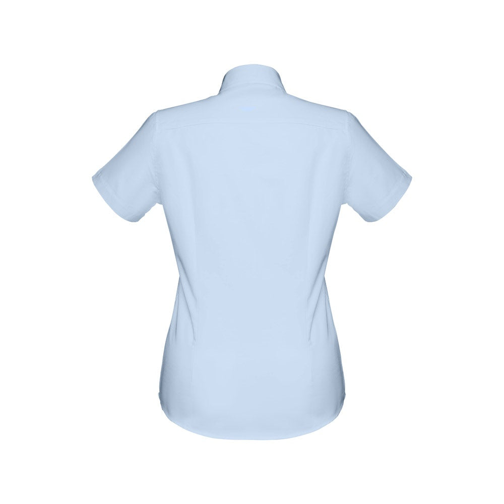 THC LONDON WOMEN promotional corporate shirt in light blue (detail view) with custom logo branding