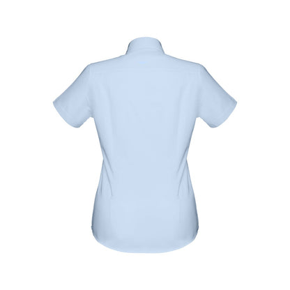 THC LONDON WOMEN promotional corporate shirt in light blue (detail view) with custom logo branding