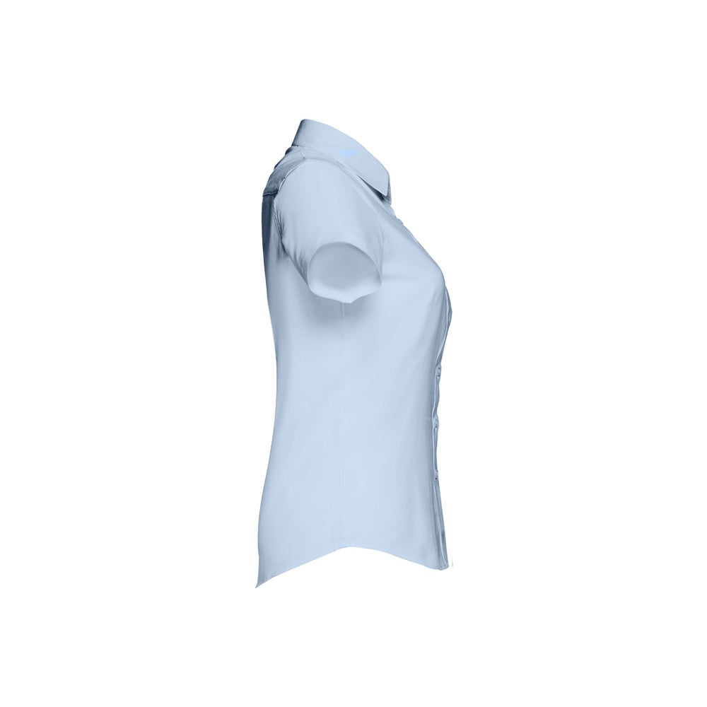 THC LONDON WOMEN promotional corporate shirt in light blue (detail view) with custom logo branding