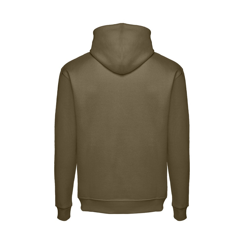 THC PHOENIX promotional hoodie in army green (detail view) with custom logo branding