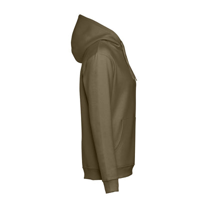 THC PHOENIX promotional hoodie in army green (detail view) with custom logo branding