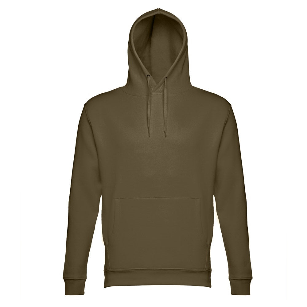 THC PHOENIX promotional hoodie in army green (detail view) with custom logo branding