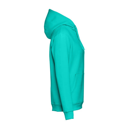 THC PHOENIX promotional hoodie in turquoise green (detail view) with custom logo branding