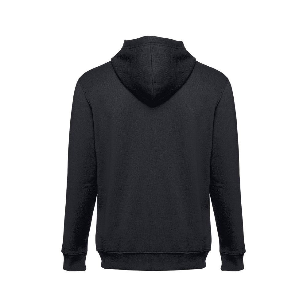 THC AMSTERDAM promotional hoodie in black (detail view) with custom logo branding