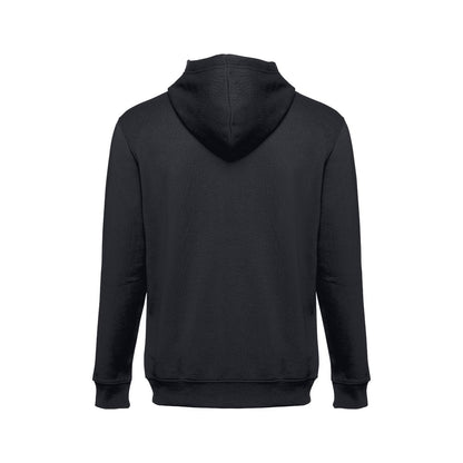 THC AMSTERDAM promotional hoodie in black (detail view) with custom logo branding