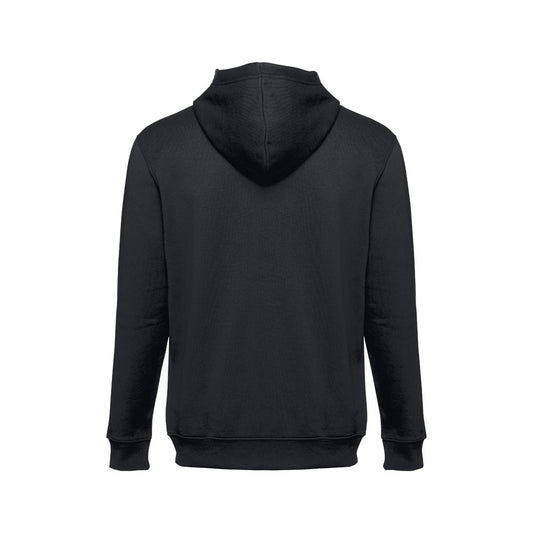 THC AMSTERDAM promotional hoodie in black (detail view) with custom logo branding