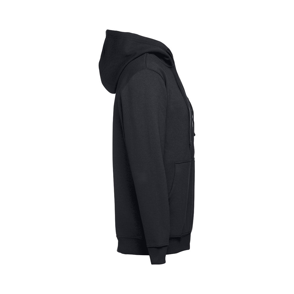 THC AMSTERDAM promotional hoodie in black (detail view) with custom logo branding