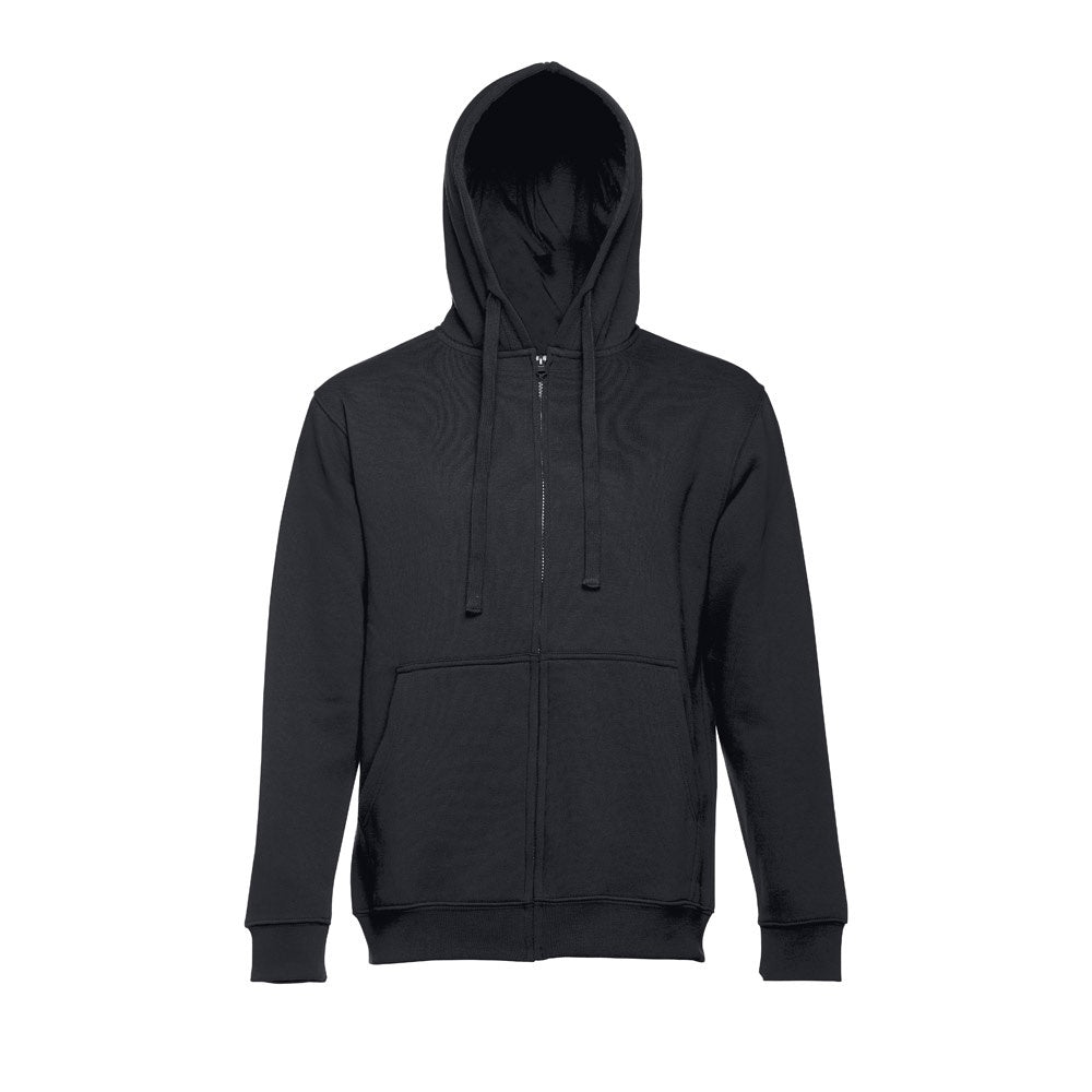 THC AMSTERDAM promotional hoodie in black (detail view) with custom logo branding